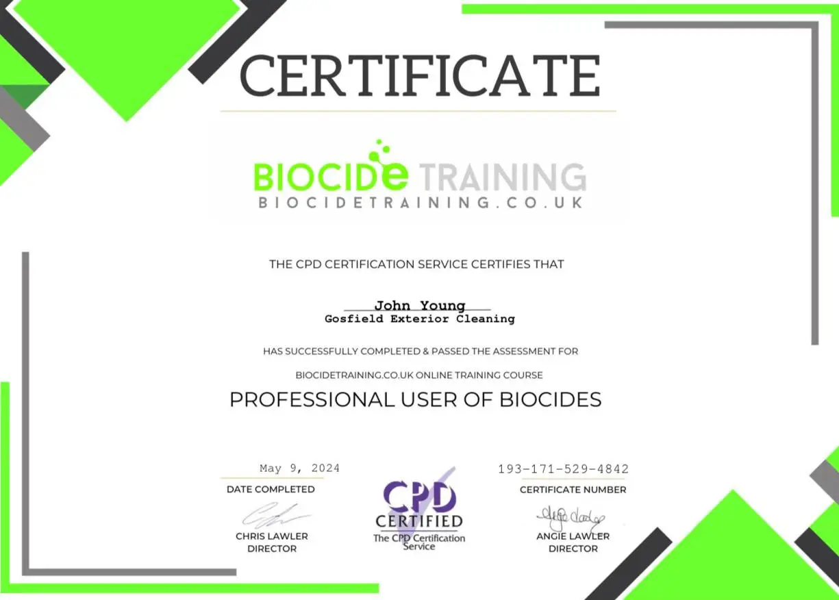 certificate professional user of biocides. Pressure washing & soft washing specialists
