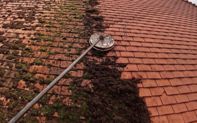 A tiled roof in the process of being cleaned. The left side, looking dull and covered in moss, while the right side looks moss free, clean and vibrant. Gosfield Exterior Cleaning - Specialist Roof Cleaning Services in Essex and Suffolk
