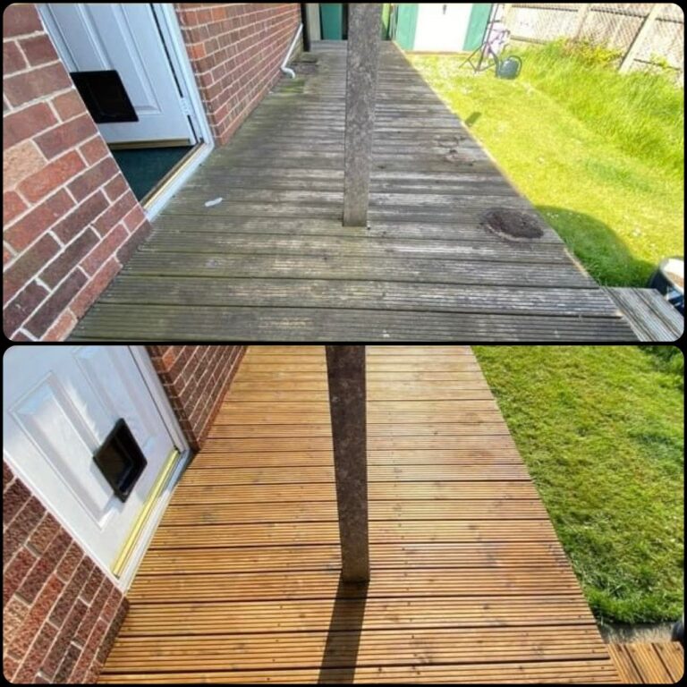 side by side comparison of a timber decking before and after cleaning. The top shows a dull, dirty deck covered in moss and algae, while the bottom displays the same deck after cleaning, looking clean and vibrant, like freshly installed decking. Gosfield Exterior Cleaning - Decking & Cladding Cleaning