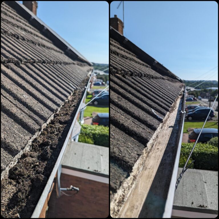 side by side comparison of a house guttering before and after cleaning. The left side shows a gutter full of moss and debris, while the right side displays the same gutter after cleaning, looking clean and free of obstructions