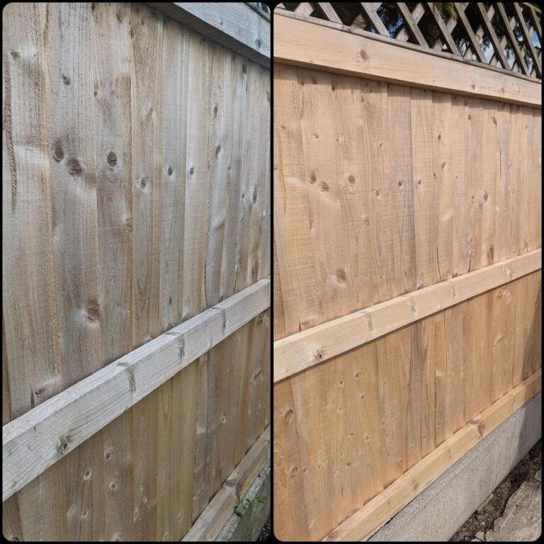 side by side comparison of a timber fence before and after cleaning. The top shows a dull, dirty deck covered in moss and algae, while the bottom displays the same deck after cleaning, looking clean and vibrant, like freshly installed fence.