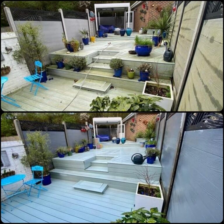 side by side comparison of a timber decking before and after cleaning. The top shows a dull, dirty deck covered in moss and algae, while the bottom displays the same deck after cleaning, looking clean and vibrant, like freshly installed decking. Gosfield Exterior Cleaning - Decking & Cladding Cleaning