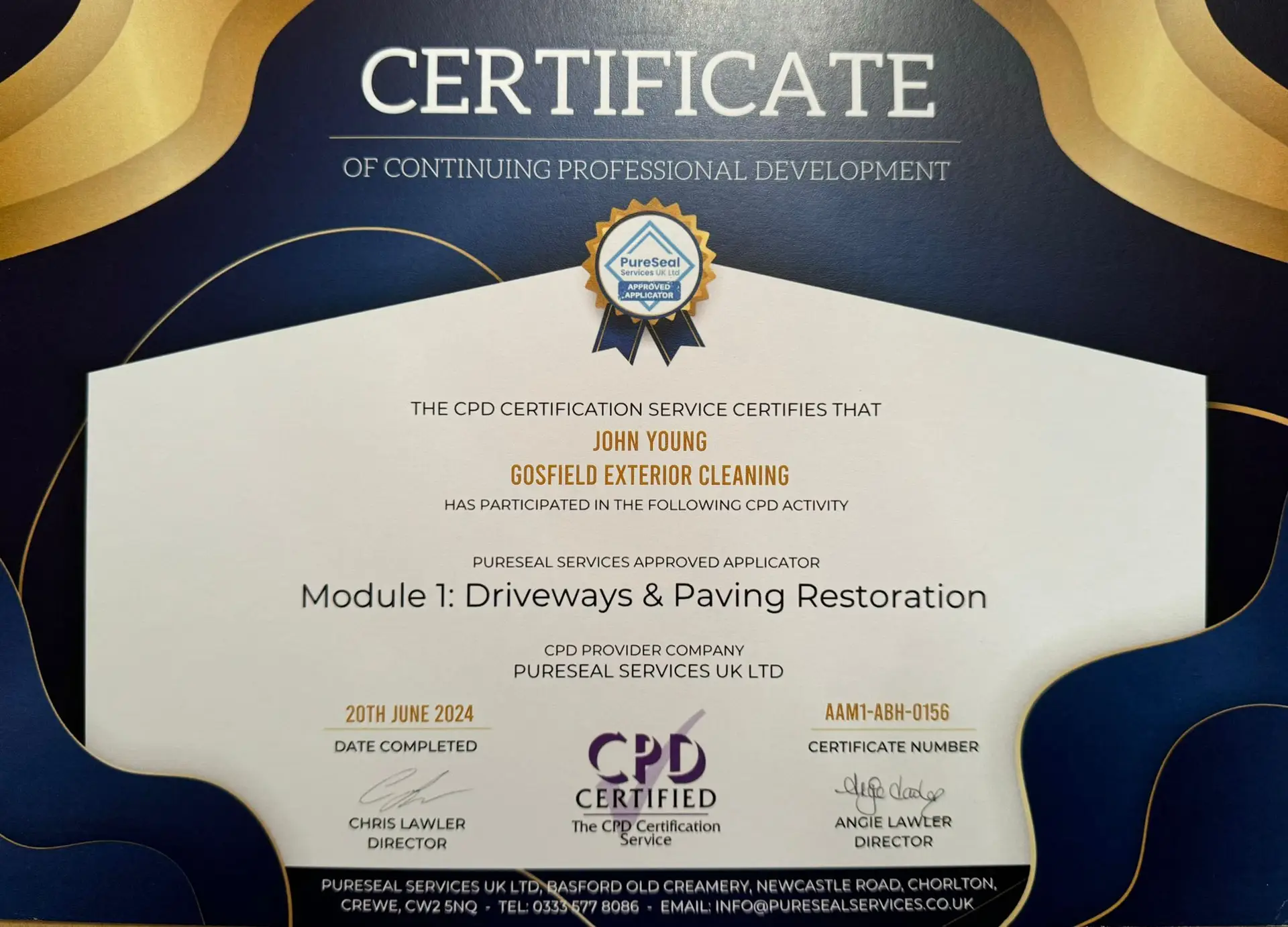 certificate exterior cleaning. Driveway and Patio restoration. Pressure washing & soft washing specialists