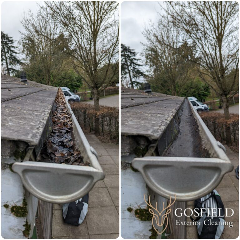 Side by side comparison of guttering, before and after cleaning. On the left, the gutter is cogged with leaves and debris, whilst on the right is free of obstructions and free flowing
