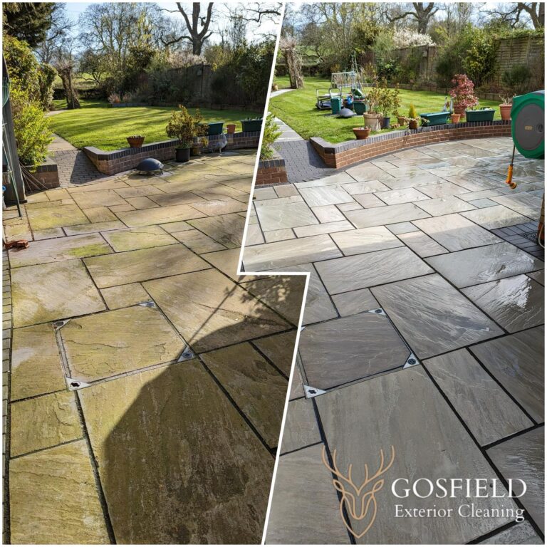 side by side comparison of a patio before and after cleaning. The left side shows a dull, dirty stone patio covered in moss and green algae, while the right side displays the same patio after cleaning, looking clean and vibrant, with multi-coloured paving stones and a glossy finish