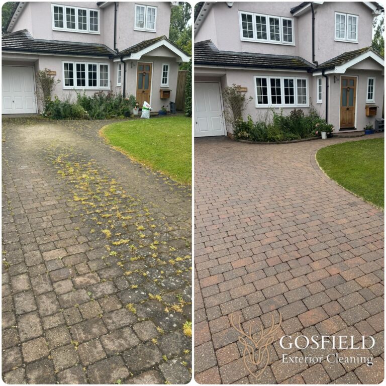 side by side comparison of a brick paved driveway before and after cleaning. The left side shows a dull, dirty brick driveway covered in moss and weeds, while the right side displays the same driveway after cleaning, looking clean and vibrant, like a freshly installed driveway