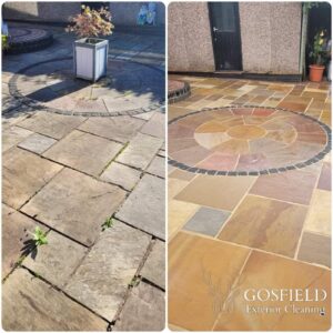 side by side comparison of a patio before and after cleaning. The left side shows a dull, dirty stone patio covered in moss and green algae, while the right side displays the same patio after cleaning, looking clean and vibrant, with multi-coloured paving stones and a glossy finish. Contact us to transform your outdoor spaces.