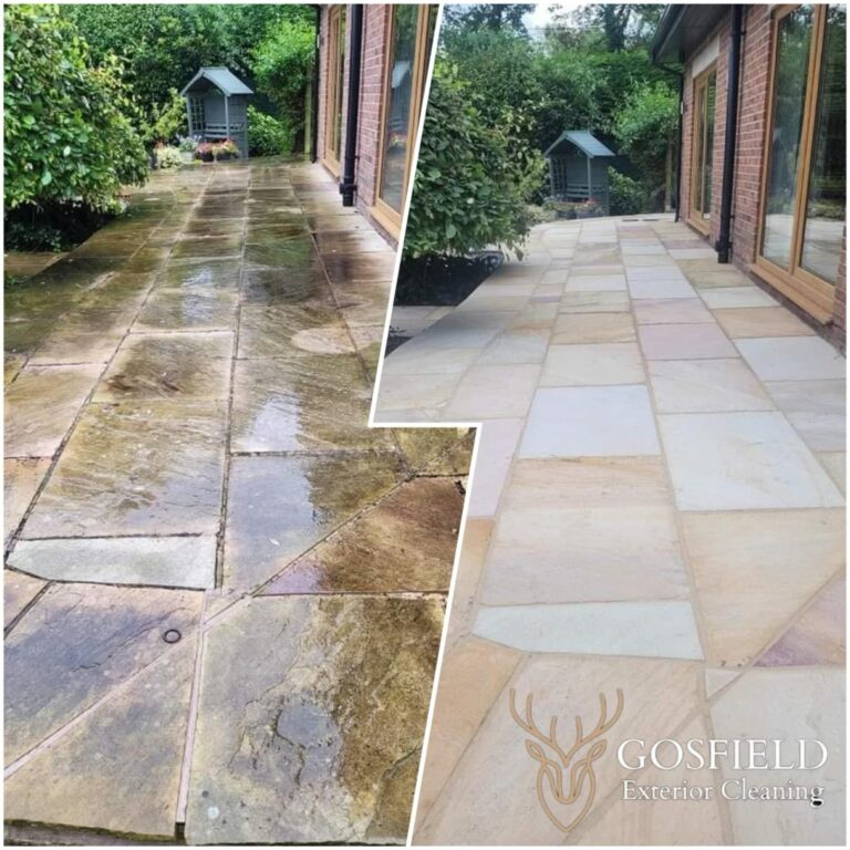 side by side comparison of a patio before and after cleaning. The left side shows a dull, dirty stone patio covered in moss and green algae, while the right side displays the same patio after cleaning, looking clean and vibrant, with multi-coloured paving stones and a glossy finish. contact us to transform your outdoor spaces.