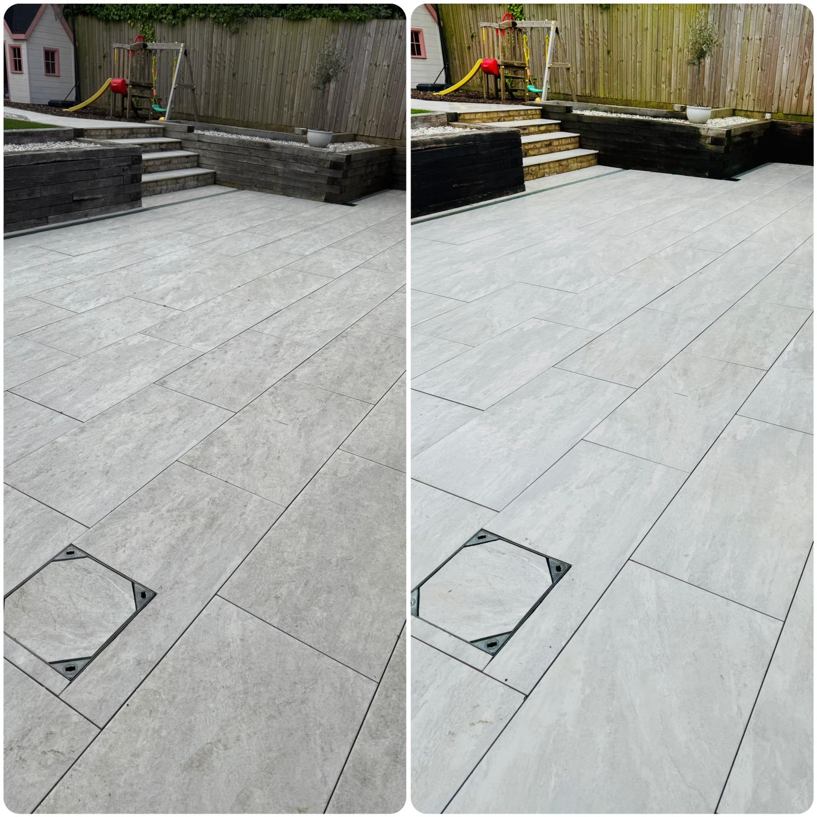 patio cleaned and restored at property in Sudbury Suffolk showing before and after results