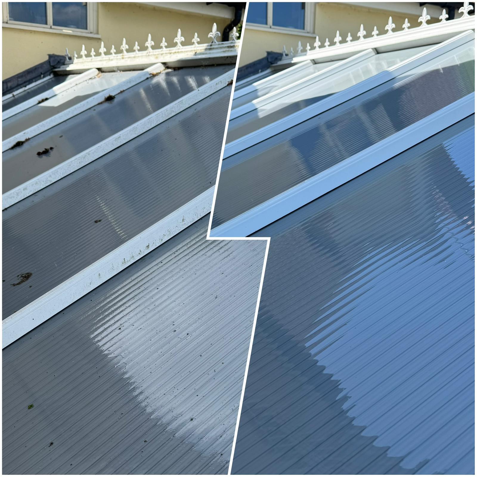 Before and after conservatory roof cleaning showing restored panels at property in Witham Essex