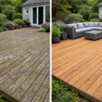 Decking cleaning in Essex showing before and after removal of dirt, algae and weathering from wooden decking boards
