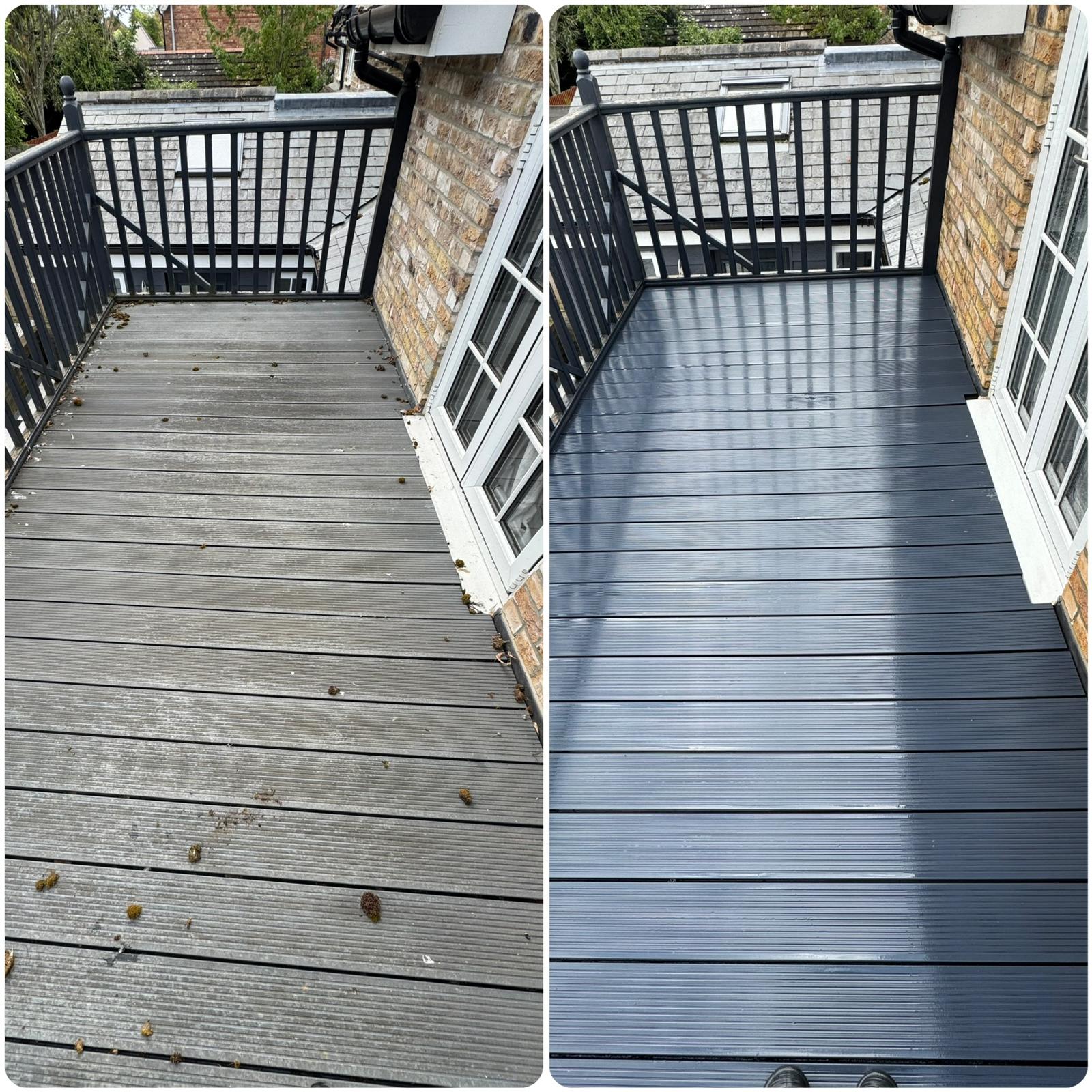 Composite decking professionally cleaned in Great Cornard Suffolk showing before and after restoration