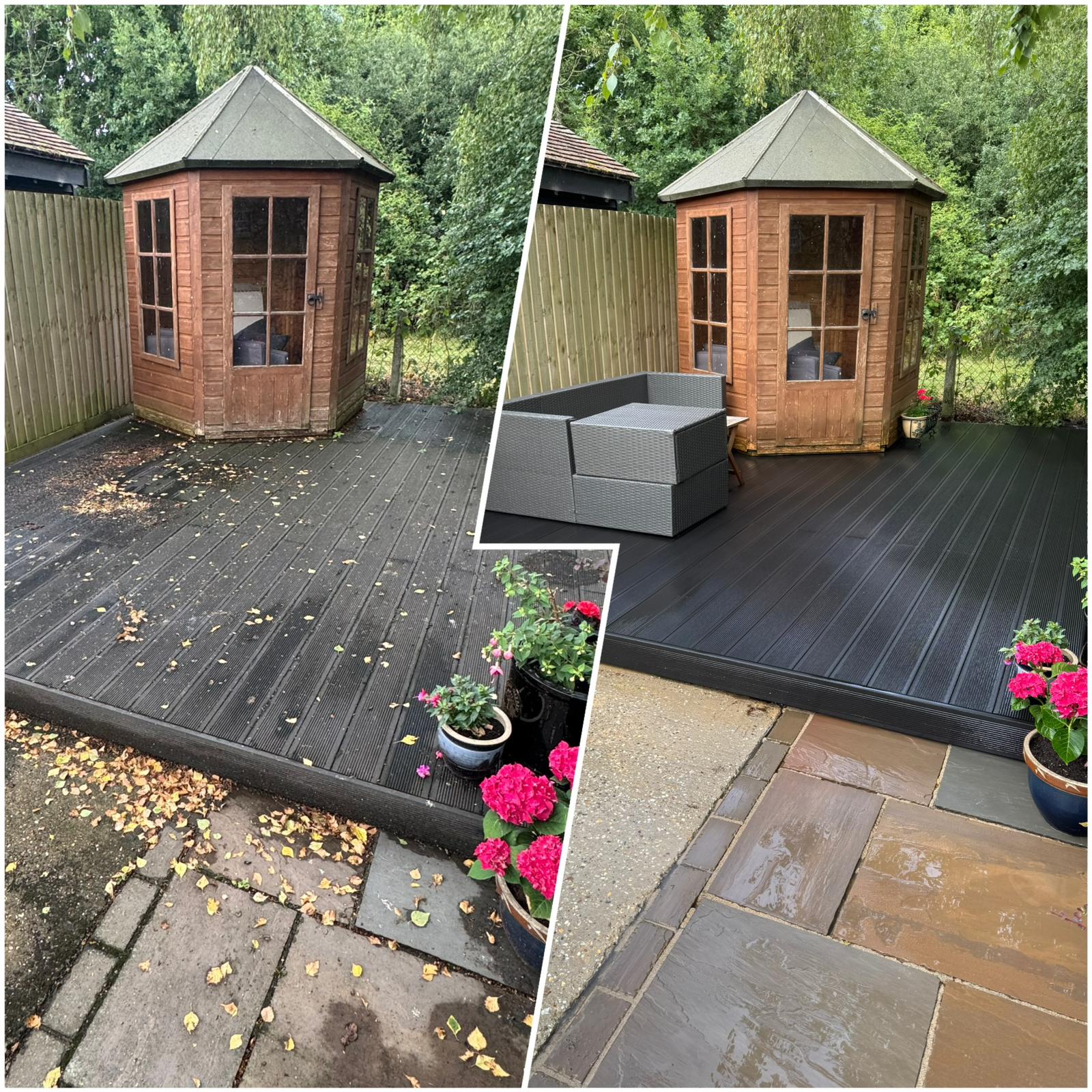 Before and after decking cleaning showing restored composite decking at property in Great Dunmow Essex