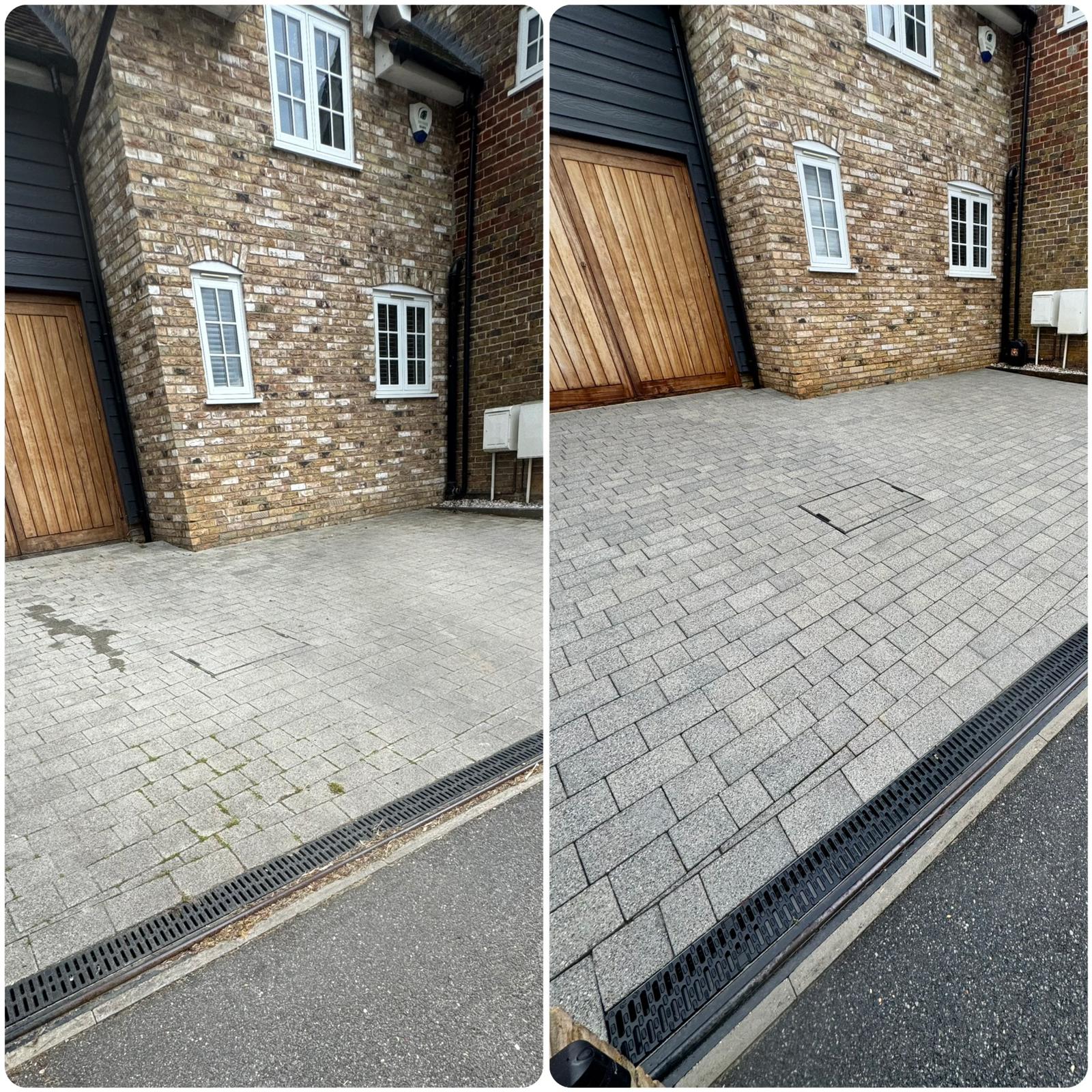 Block paving driveway cleaned and restored at property in Coggeshall Essex showing before and after results