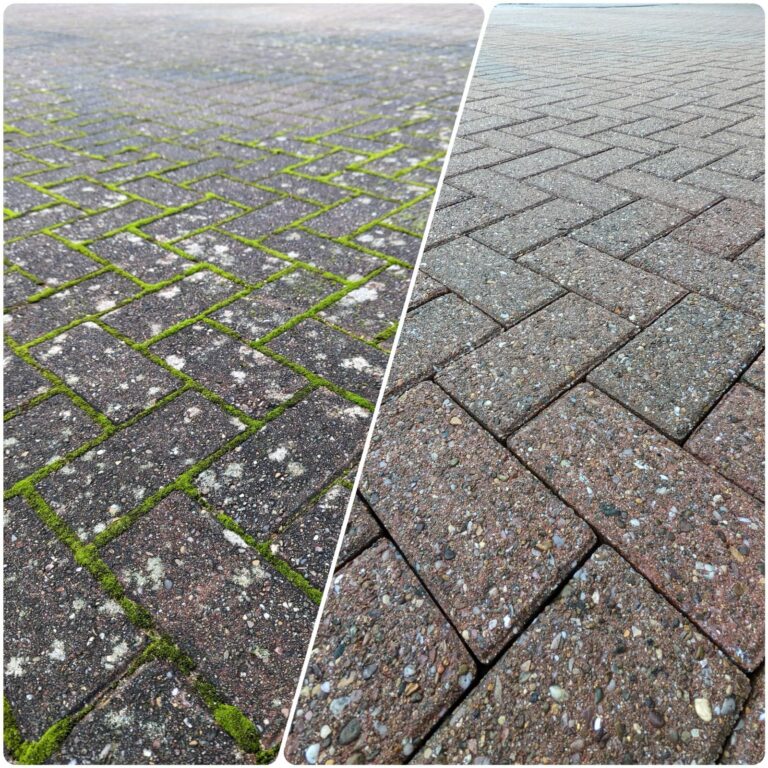 Before and after block paving cleaning in Essex showing moss and weeds removed and driveway restored to a like-new finish