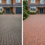 Driveway cleaning Essex showing before and after results with pressure washing and fresh sand in block paving joints