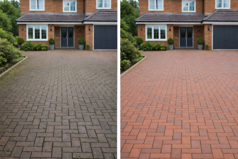 Driveway cleaning Essex showing before and after results with pressure washing and fresh sand in block paving joints