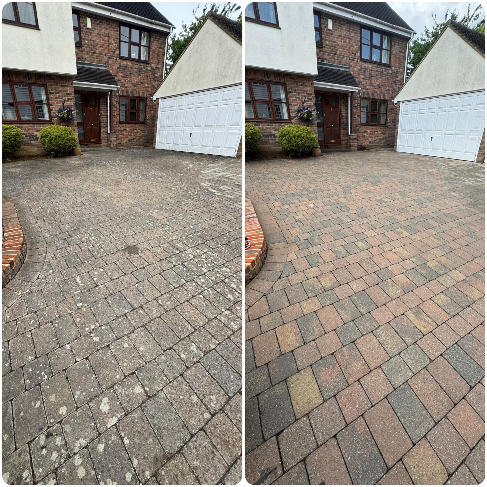 Driveway cleaning in Stansted Mountfitchet showing before and after removal of moss, dirt and staining from block paving