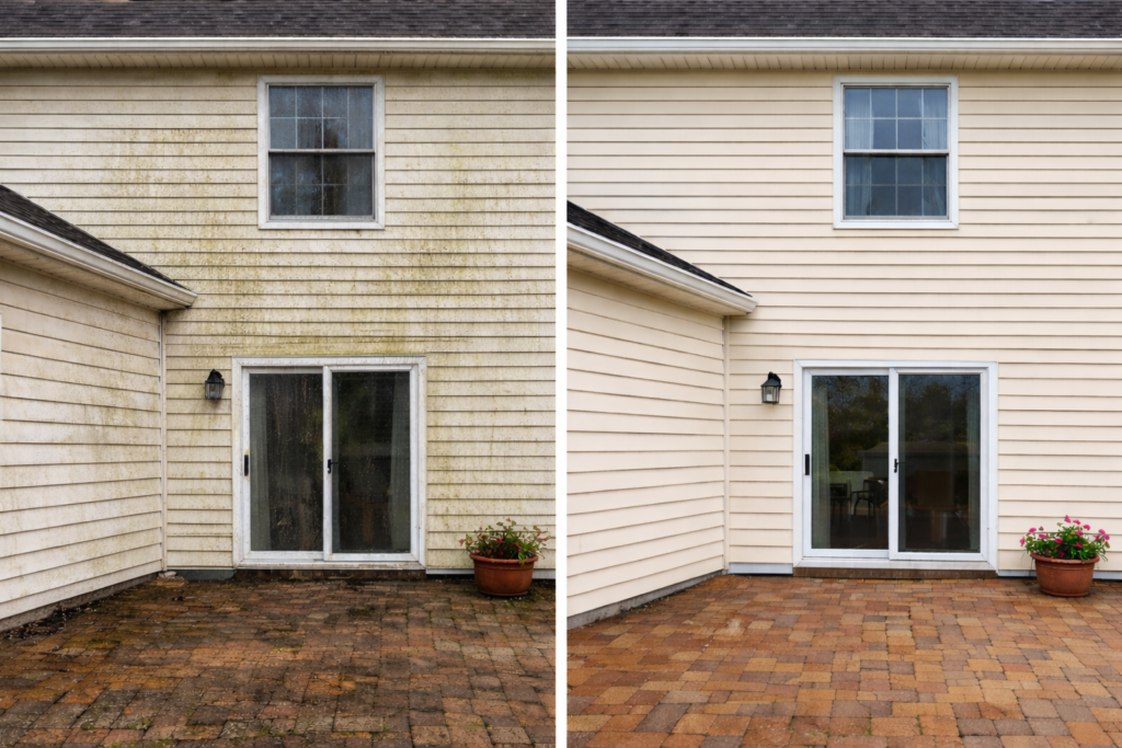 Before and after exterior cleaning showing house cladding and patio restored from dirty to clean