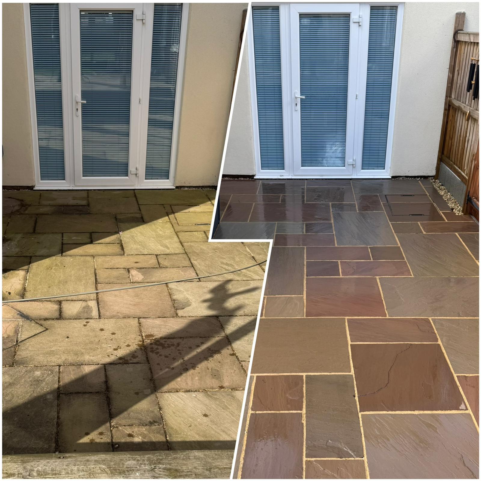 Patio cleaning in Sible Hedingham showing before and after restoration of paving slabs with dirt and staining removed