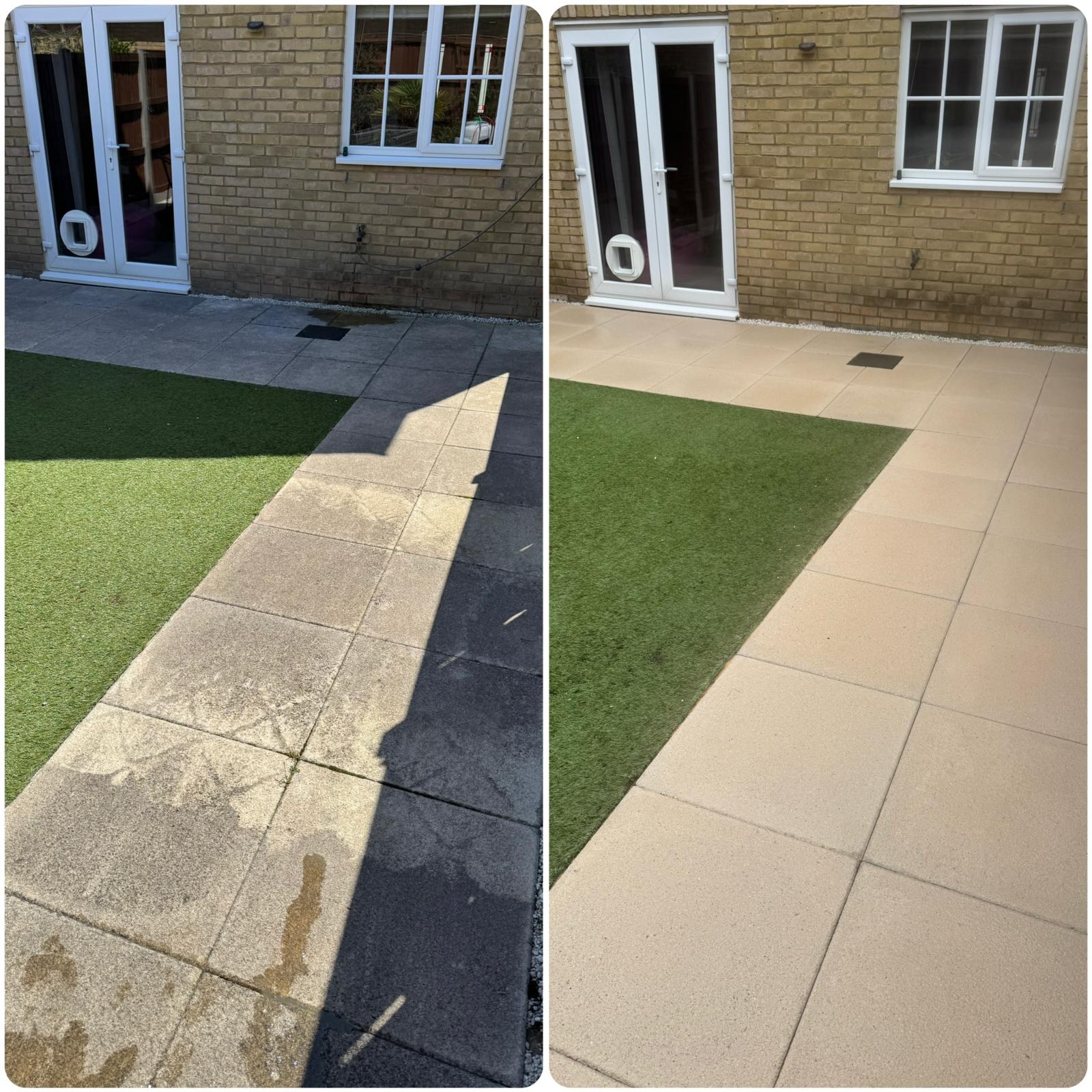 Patio cleaning in Colchester showing before and after cleaning of paving slabs with dirt and staining removed
