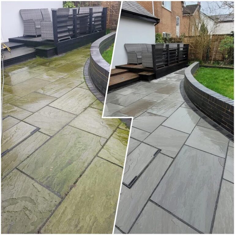 Patio cleaning in Great Dunmow Essex showing before and after cleaning of paving slabs with dirt and staining removed