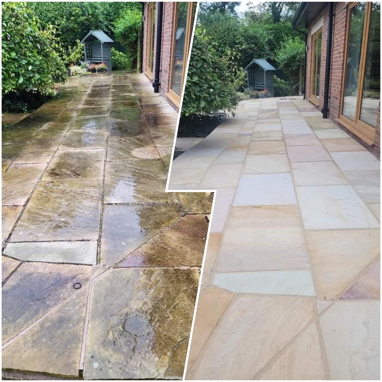 Patio cleaning in Great Cornard, Suffolk showing before and after cleaning of paving slabs with dirt and staining removed