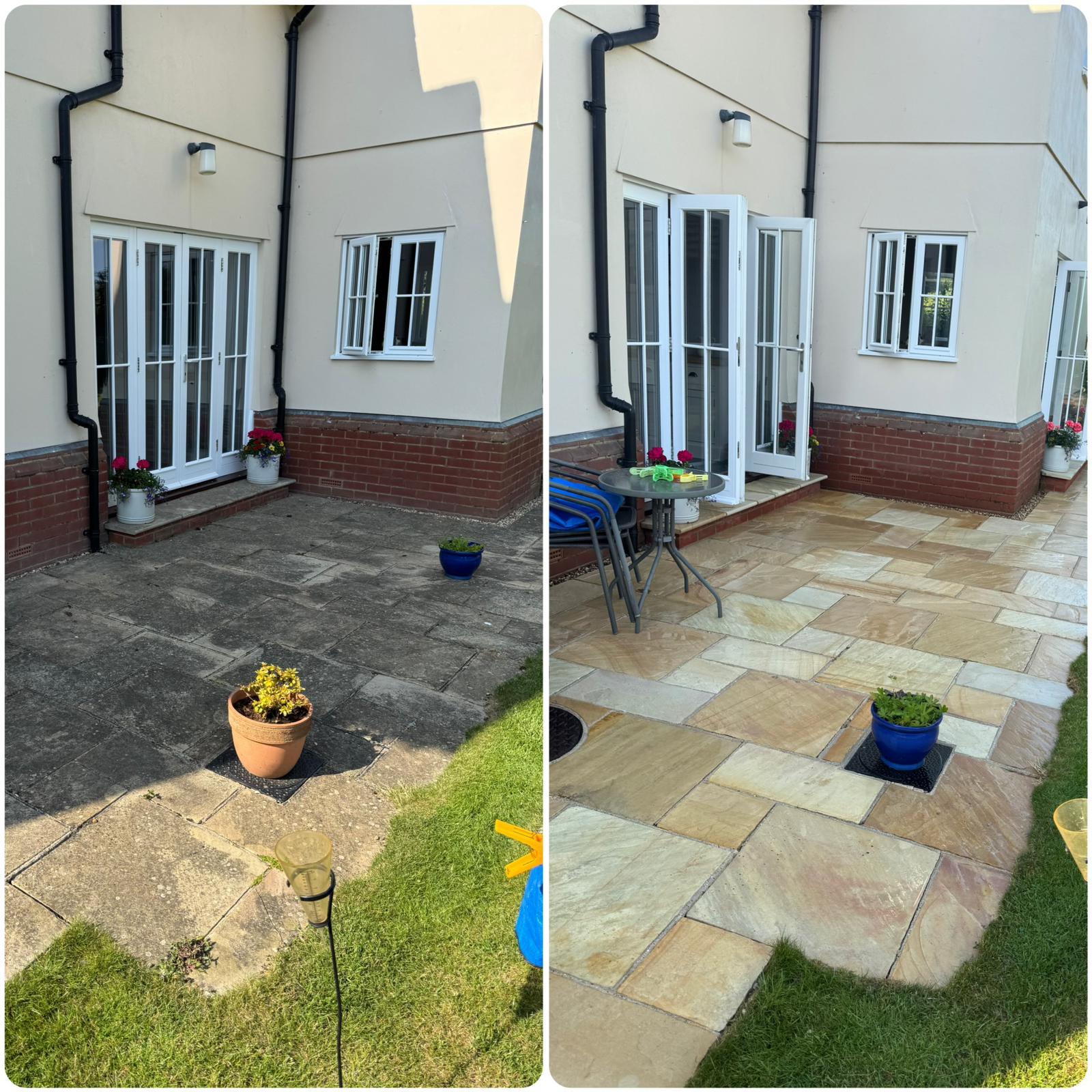 Sandstone patio cleaned and restored at property in Halstead Essex showing before and after results