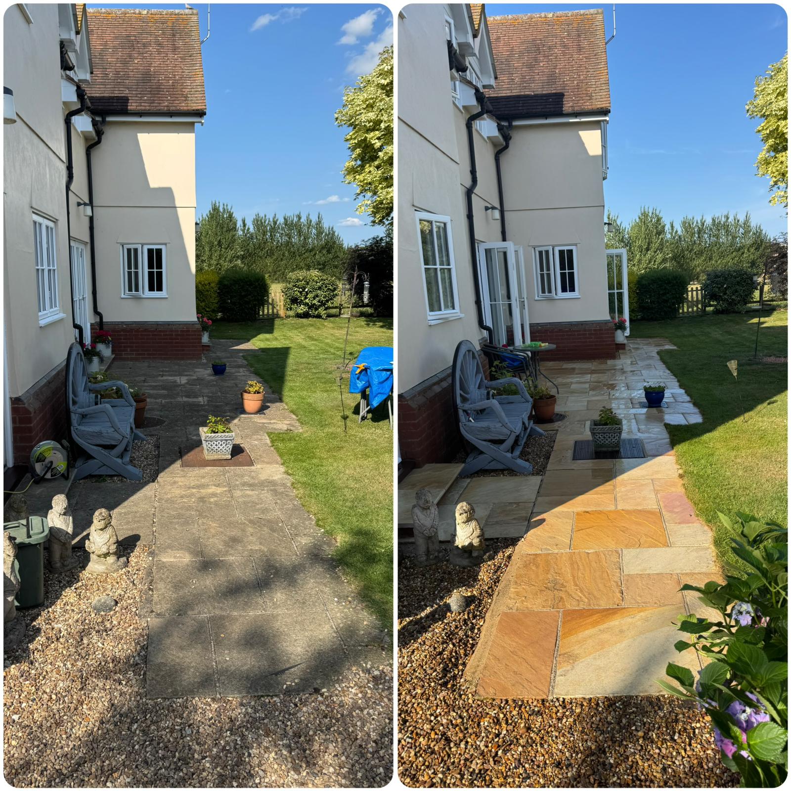 Patio cleaning in Sible Hedingham showing before and after restoration of paving slabs with dirt, algae and staining removed