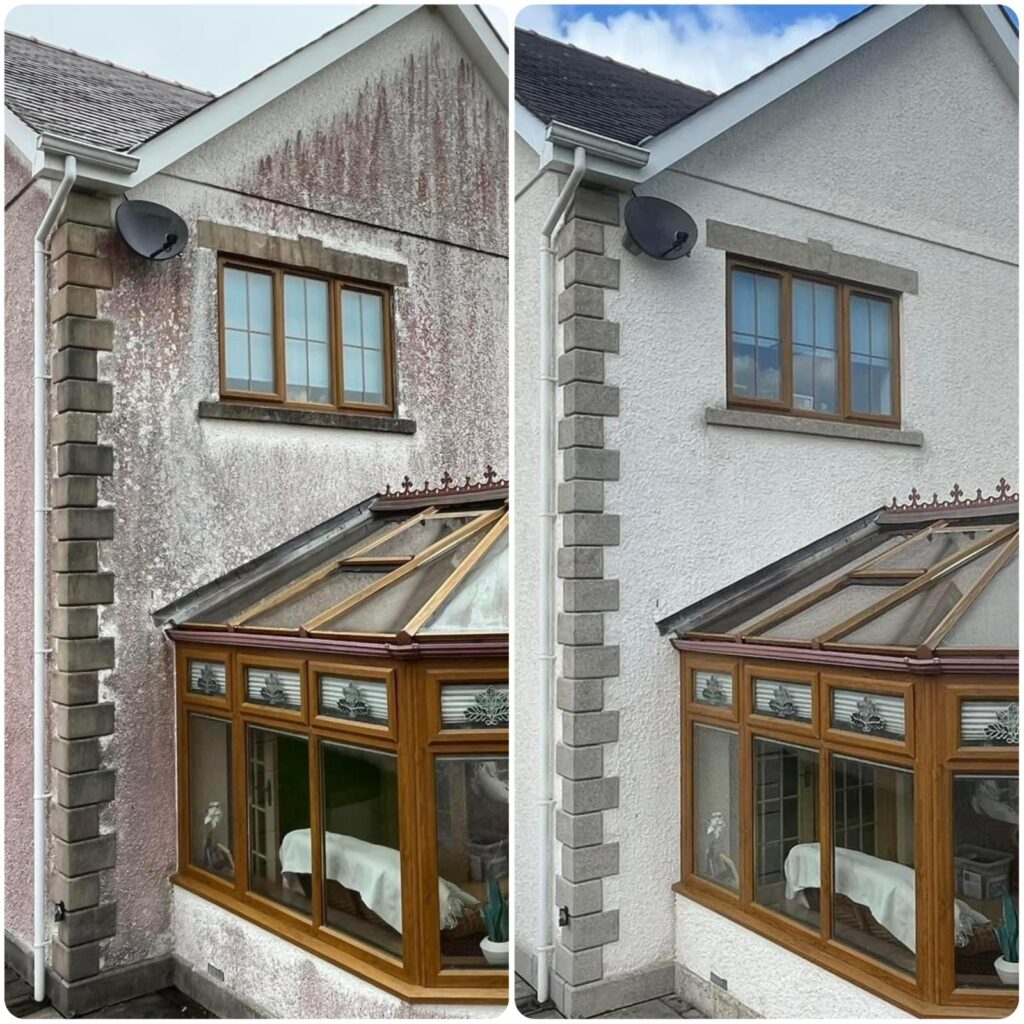 Before and after render cleaning removing red algae staining from house exterior in Suffolk