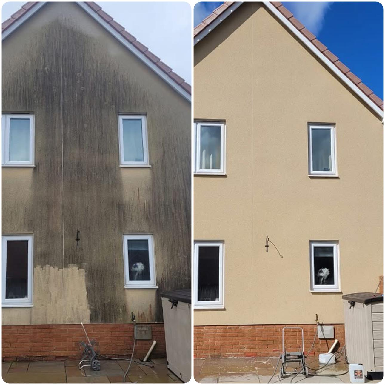 House render professionally cleaned in Sudbury Suffolk showing before and after removal of algae and staining