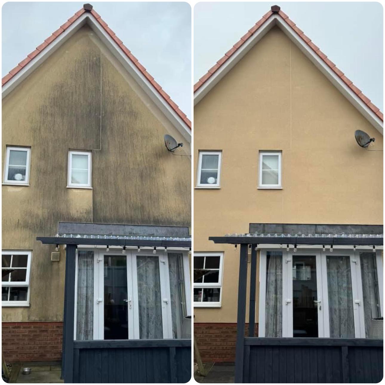 Heavily stained render cleaned with soft washing showing restored exterior in Chelmsford Essex