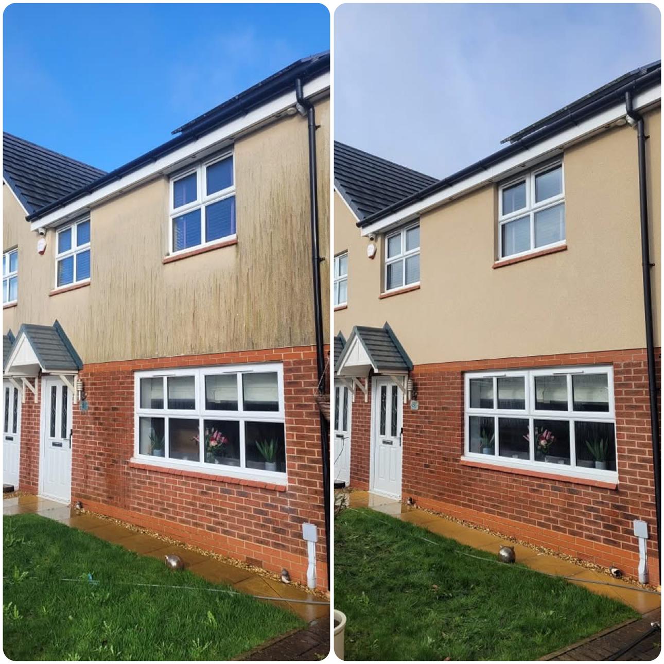 Before and after render cleaning removing streaking and discolouration from house in Colchester