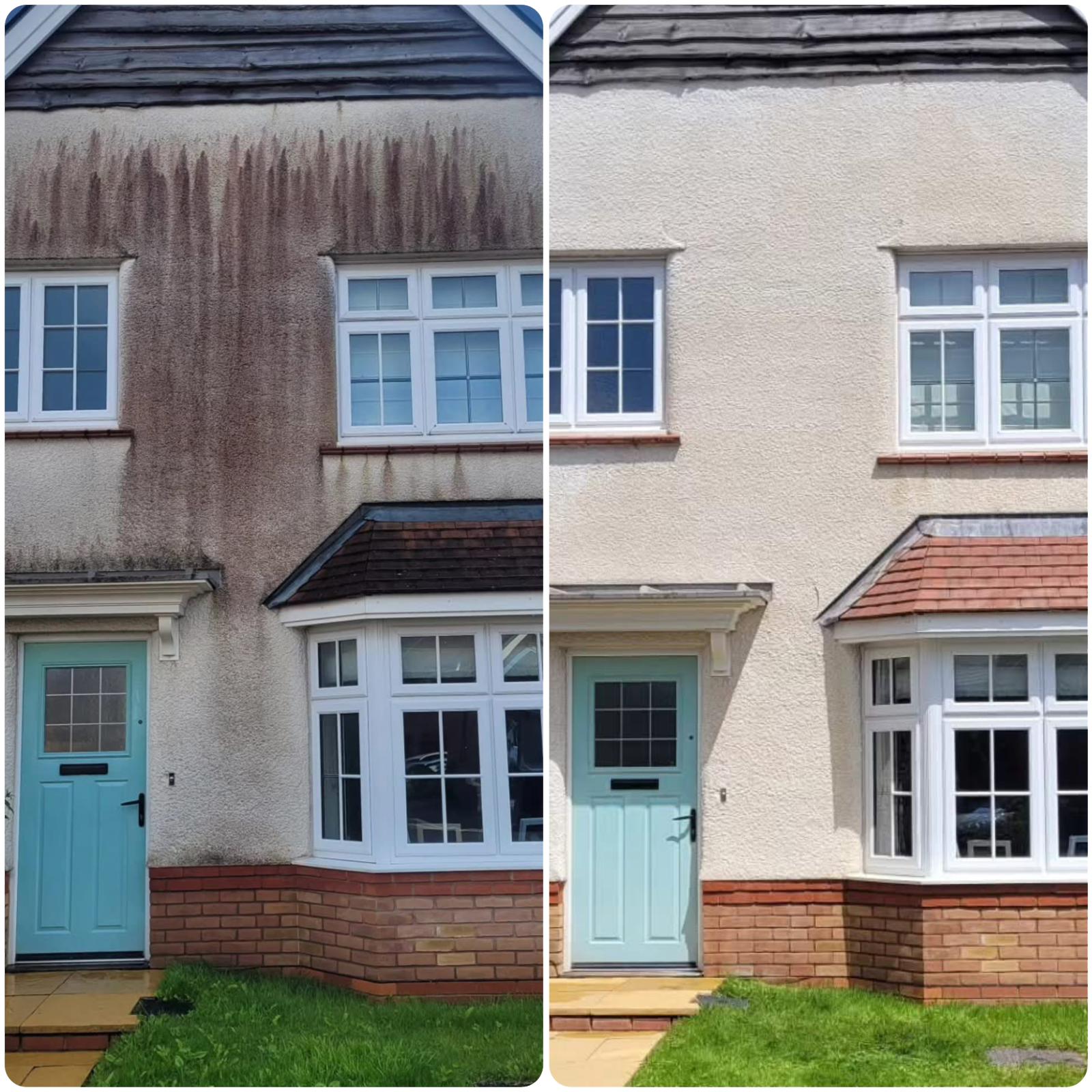 Soft wash render cleaning removing heavy staining from house exterior in Dedham Essex