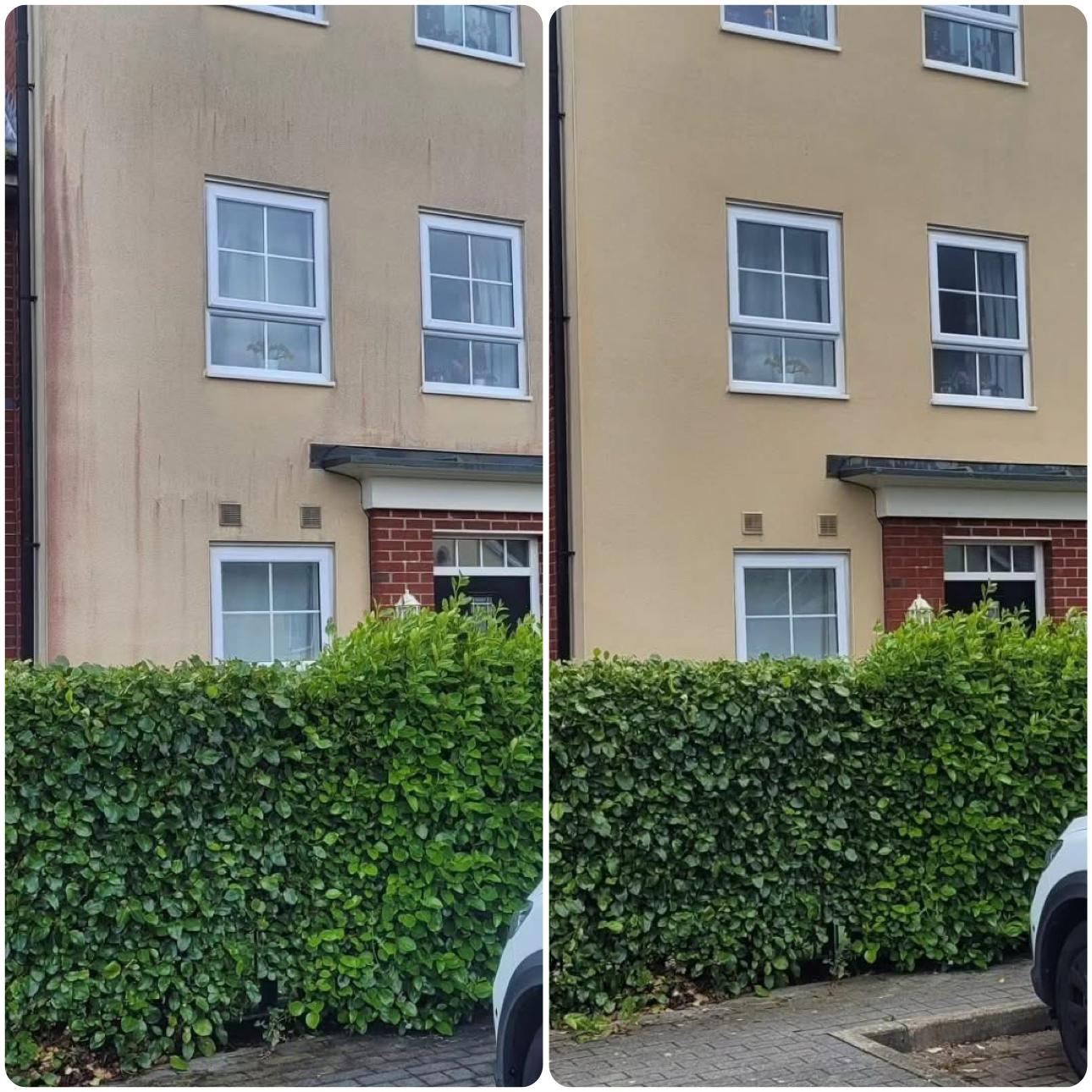 Before and after render cleaning showing removal of algae staining on house exterior in Halstead Essex