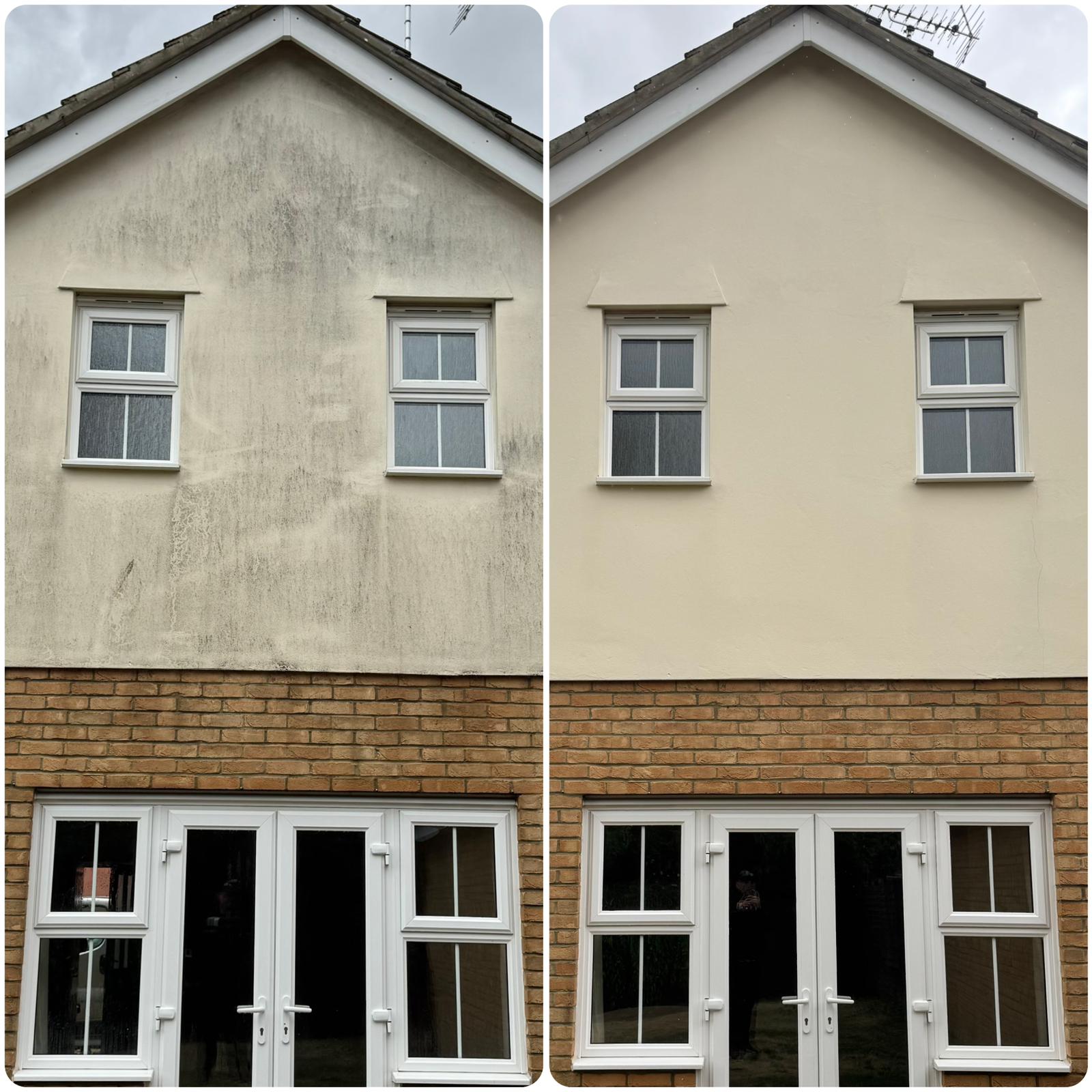 Before and after render cleaning showing clean cream render finish in Ingatestone Essex