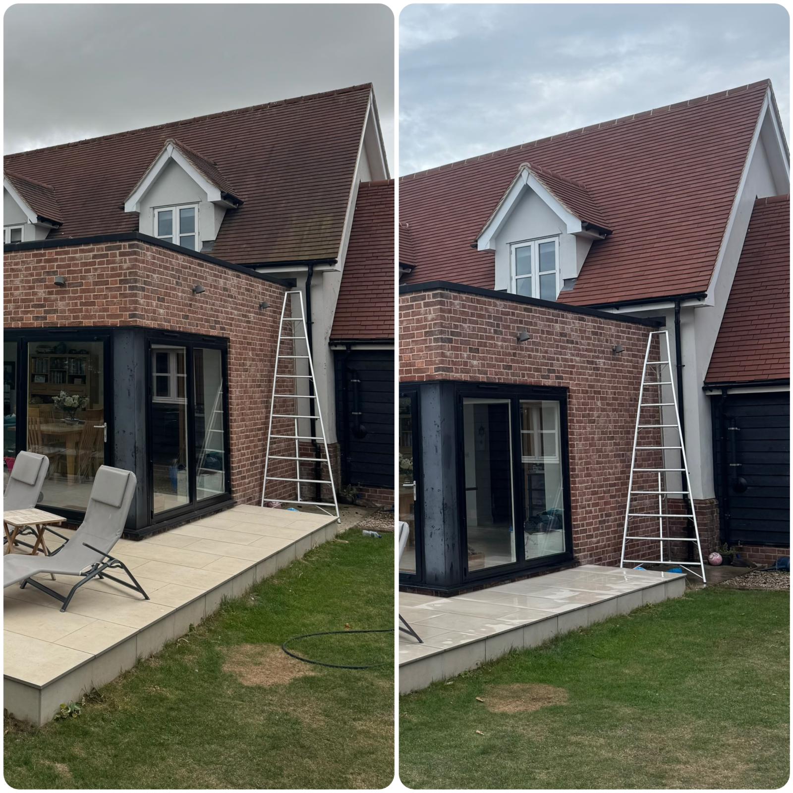 Residential roof cleaning before and after showing improved roof condition in Hadleigh Suffolk