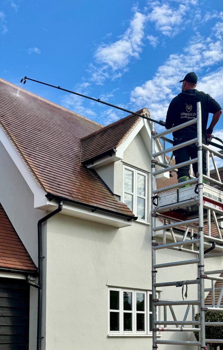 Technician carrying out roof cleaning using soft wash equipment on residential property in Essex