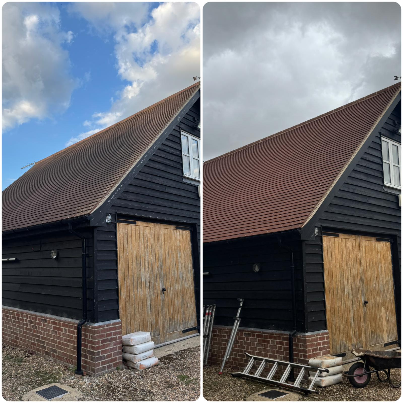 Garage roof cleaning before and after showing restored tiles in Witham Essex