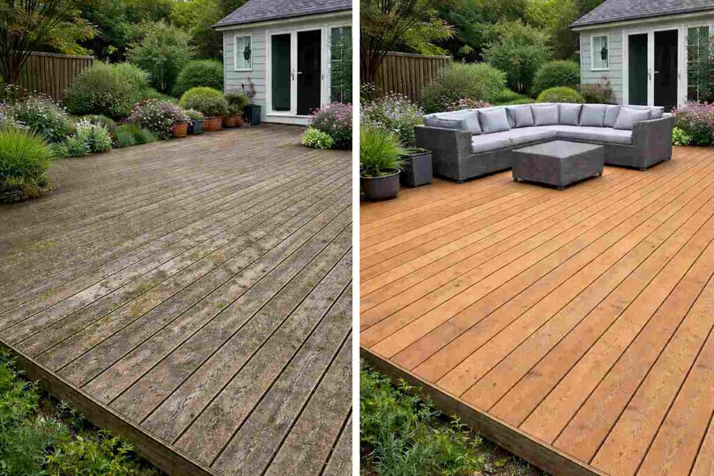 Decking cleaning in Essex showing before and after removal of dirt, algae and weathering from wooden decking boards