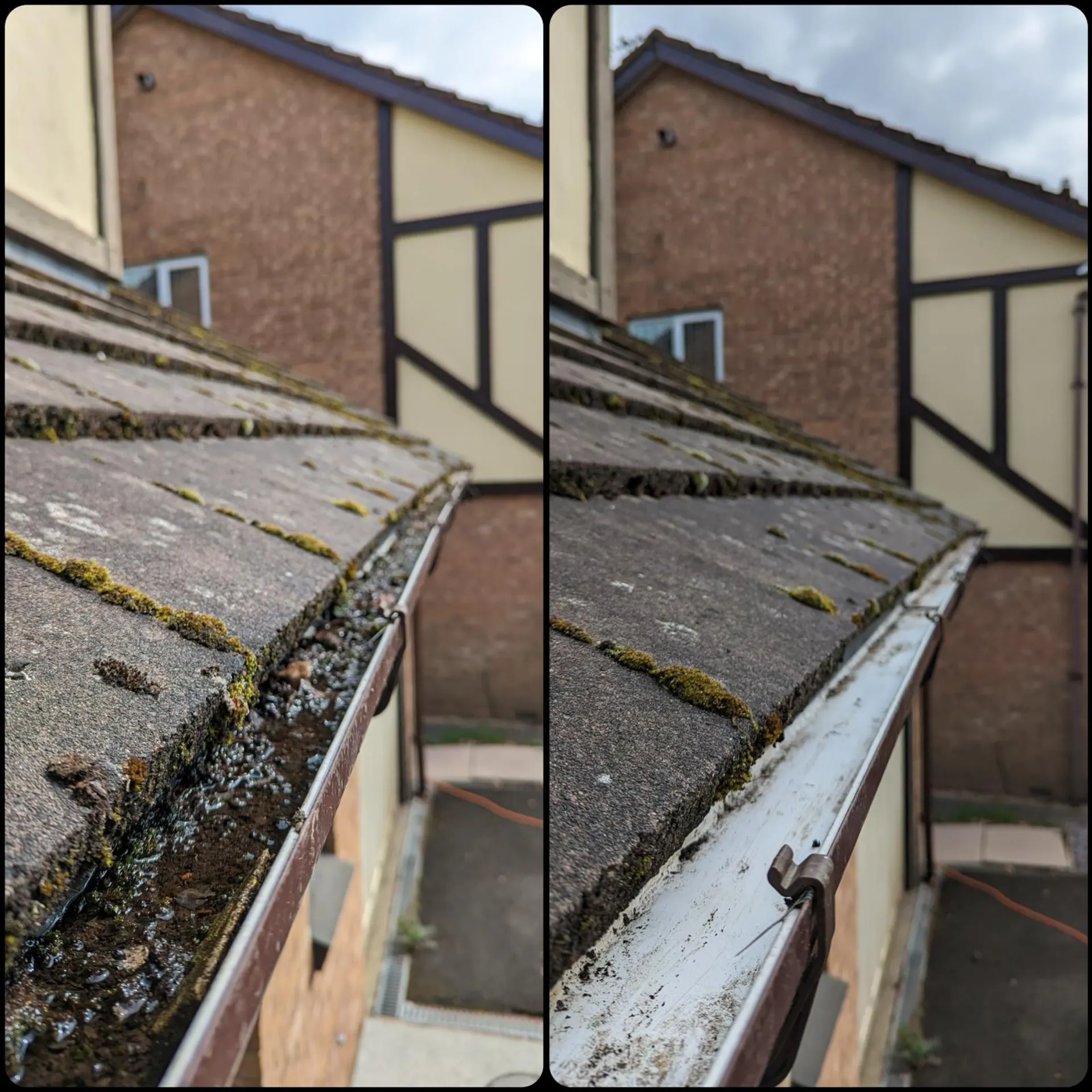 Before and after gutter cleaning at a property in Earls Colne showing blocked and cleared gutters