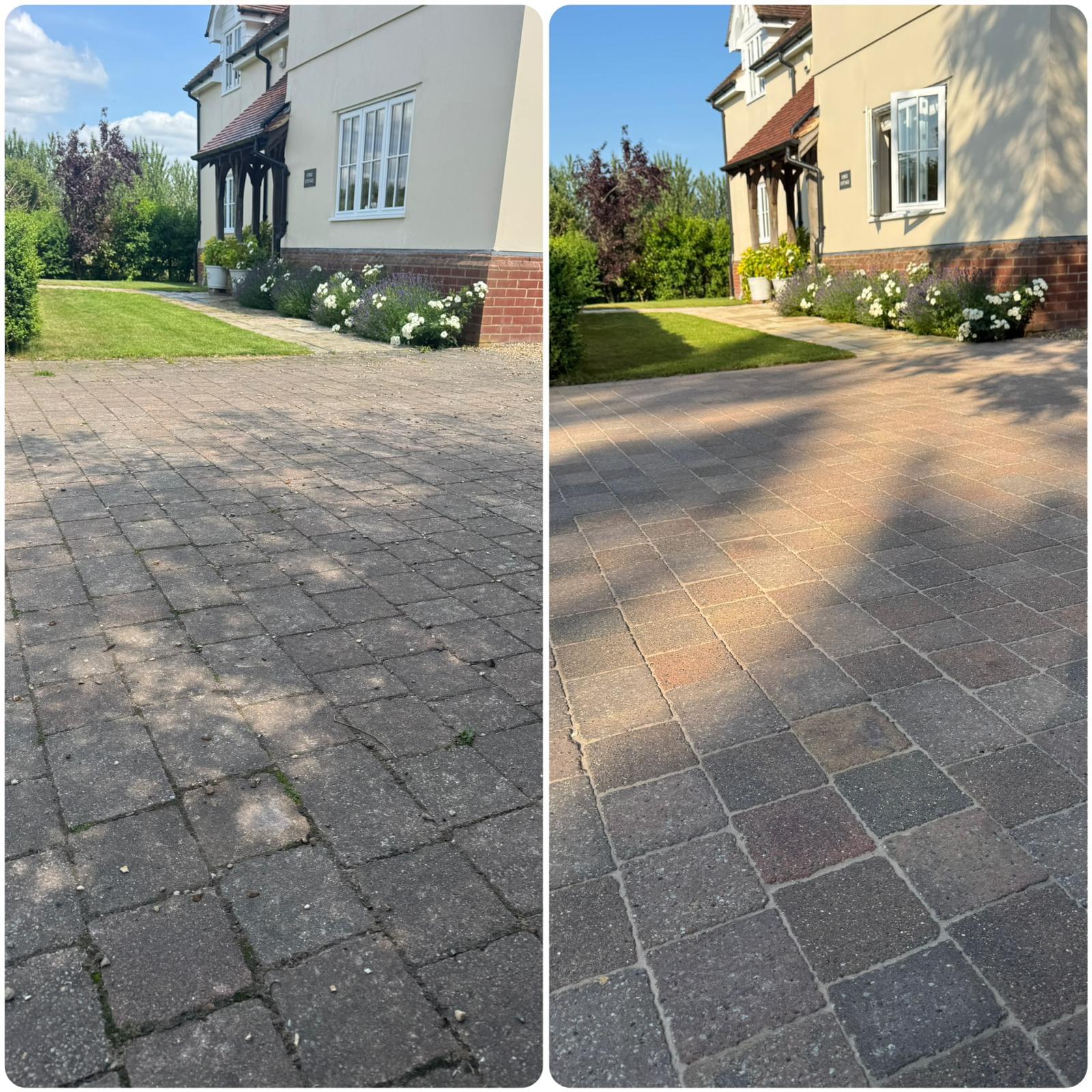 Block paving driveway professionally cleaned in Chelmsford Essex showing before and after results